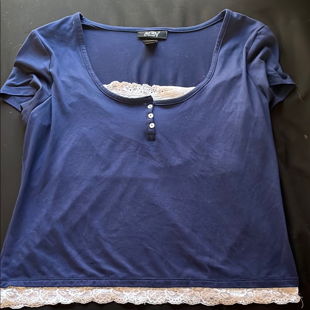 Charlotte Russe Blue Fitted Blouse with Short Sleeves and Buttoned Detail